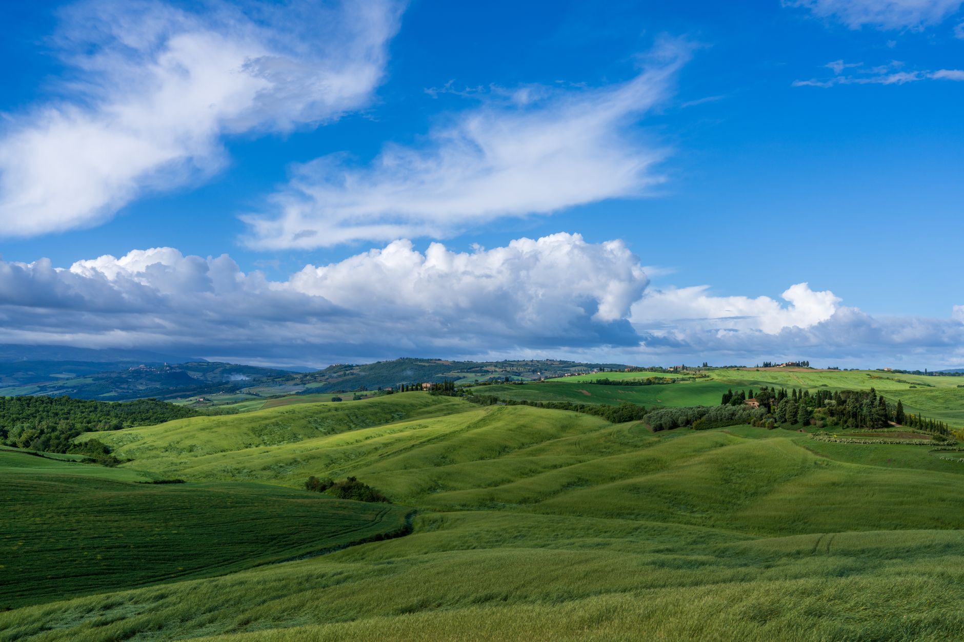 Beautiful landscape of green rolling hills under a vibrant blue sky in Tuscany, Italy. — photograph by Phil Evenden on Pexels